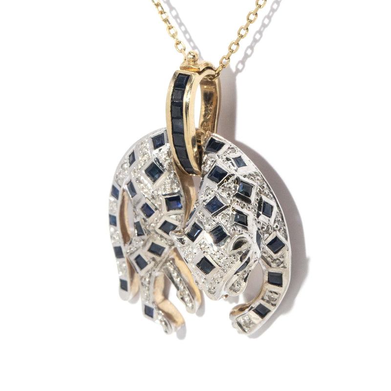 Vintage Circa 1990s Sapphire Cat Pendant 9 Carat White & Yellow Gold
