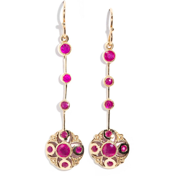 Patricia Round Red Ruby Drop Earrings 9ct Gold Earrings Imperial Jewellery 