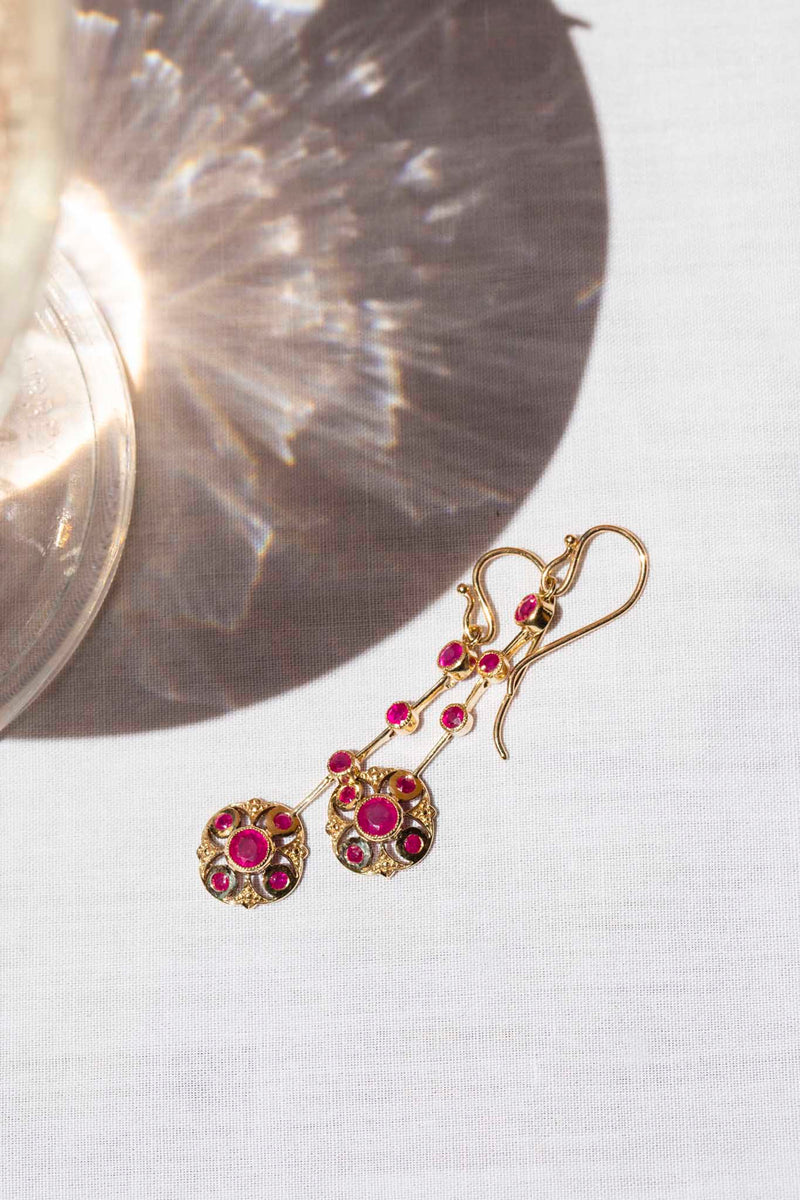 Patricia Round Red Ruby Drop Earrings 9ct Gold Earrings Imperial Jewellery 