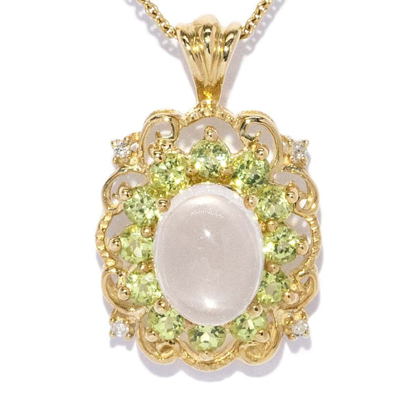 Petunia Vintage Circa 1980s Moonstone Peridot & Diamond Pendant 9ct Yellow Gold Pendants/Necklaces Imperial Jewellery 
