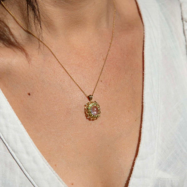 Petunia Vintage Circa 1980s Moonstone Peridot & Diamond Pendant 9ct Yellow Gold Pendants/Necklaces Imperial Jewellery 