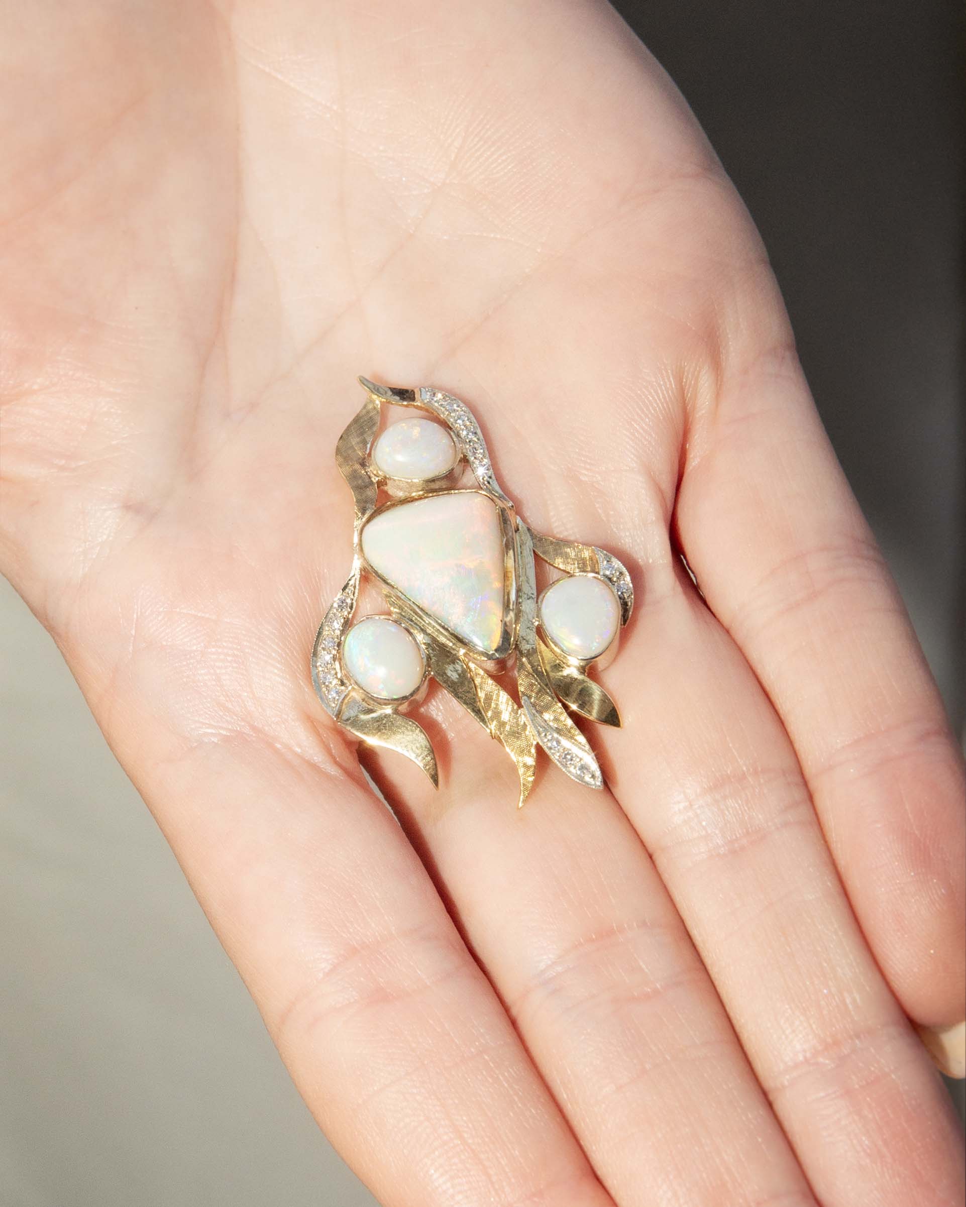 Phanie Vintage Circa 1980s Opal & Diamond Floral Spray Pendant 18ct Yellow Gold Pendants/Necklaces Imperial Jewellery 