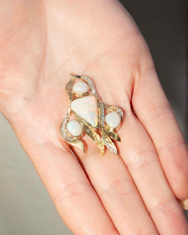 Phanie Vintage Circa 1980s Opal & Diamond Floral Spray Pendant 18ct Yellow Gold Pendants/Necklaces Imperial Jewellery 