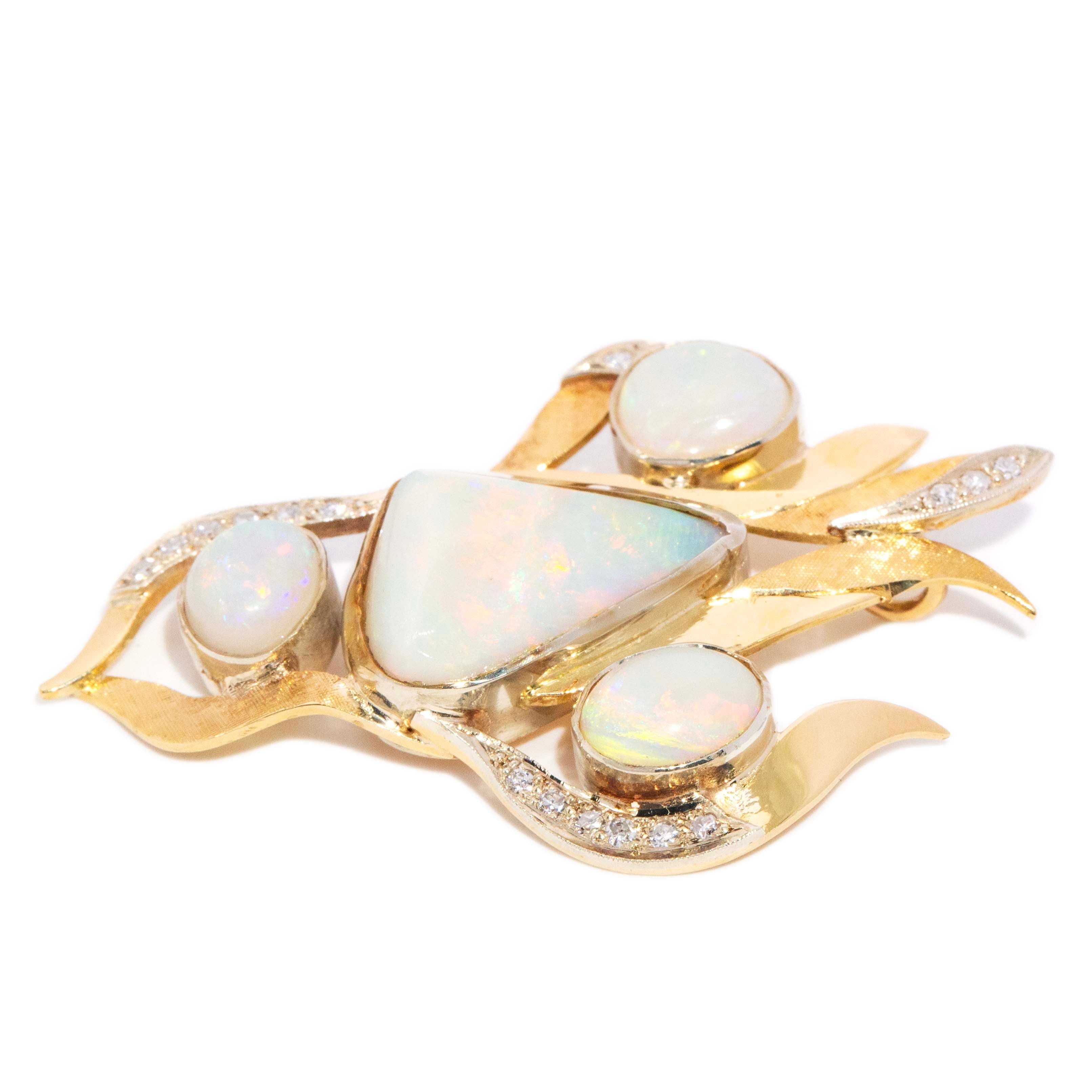 Phanie Vintage Circa 1980s Opal & Diamond Floral Spray Pendant 18ct Yellow Gold Pendants/Necklaces Imperial Jewellery 