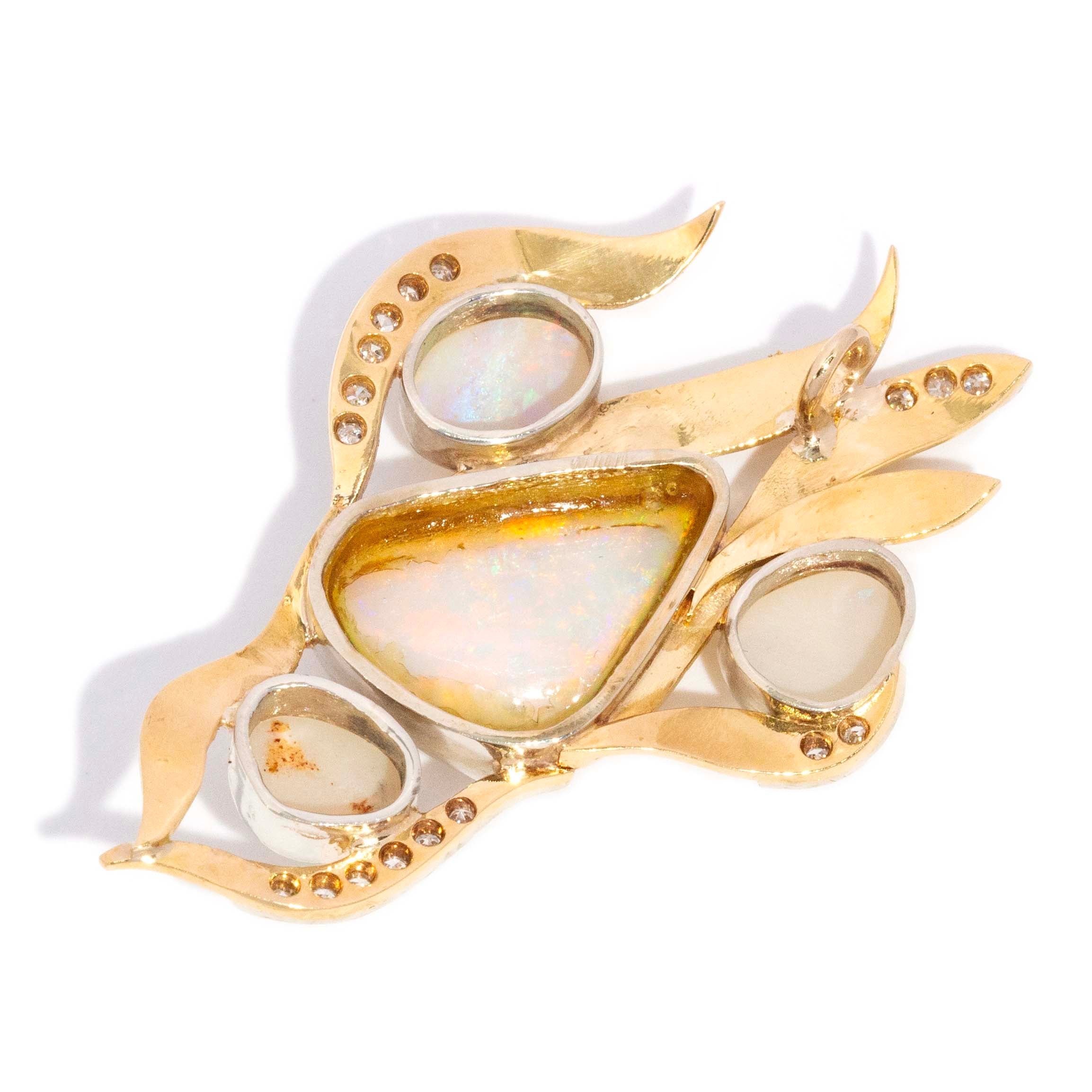 Phanie Vintage Circa 1980s Opal & Diamond Floral Spray Pendant 18ct Yellow Gold Pendants/Necklaces Imperial Jewellery 