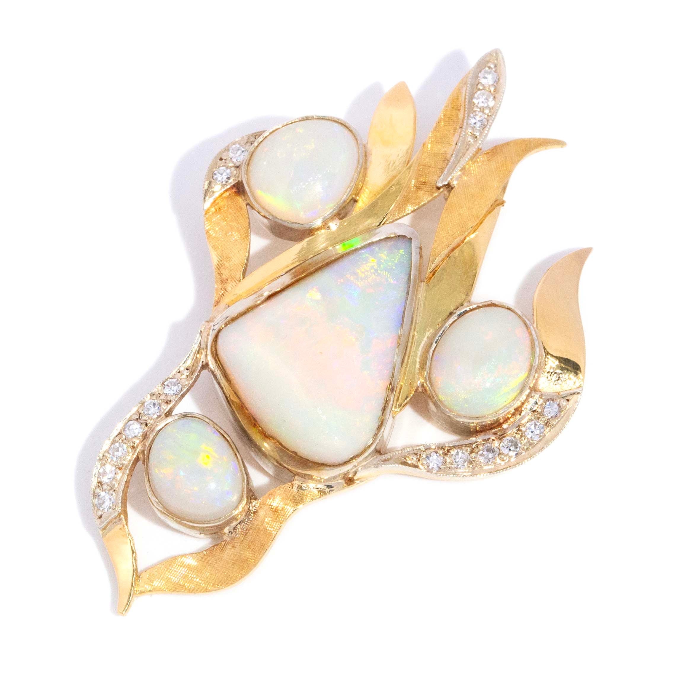 Phanie Vintage Circa 1980s Opal & Diamond Floral Spray Pendant 18ct Yellow Gold Pendants/Necklaces Imperial Jewellery 