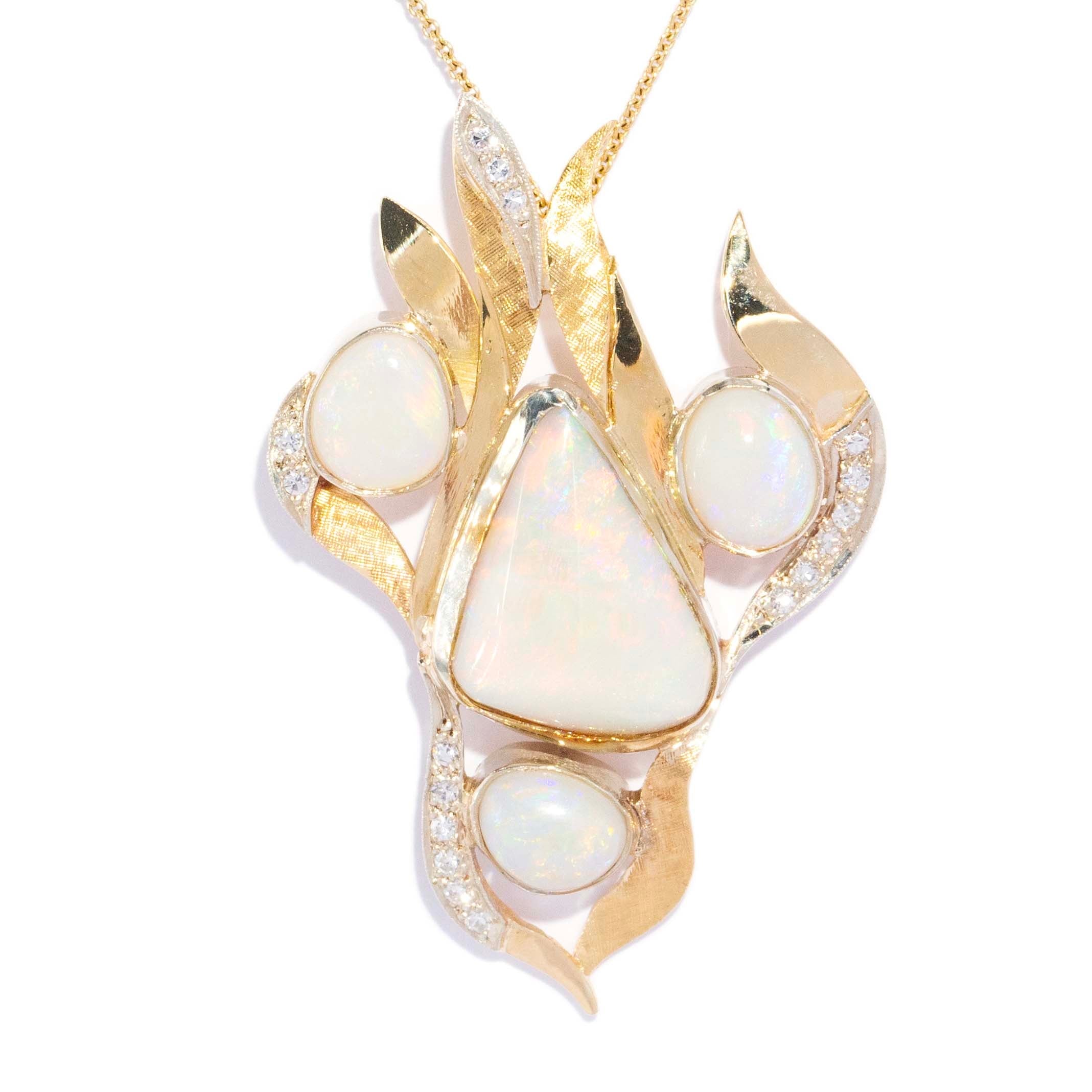 Phanie Vintage Circa 1980s Opal & Diamond Floral Spray Pendant 18ct Yellow Gold Pendants/Necklaces Imperial Jewellery 