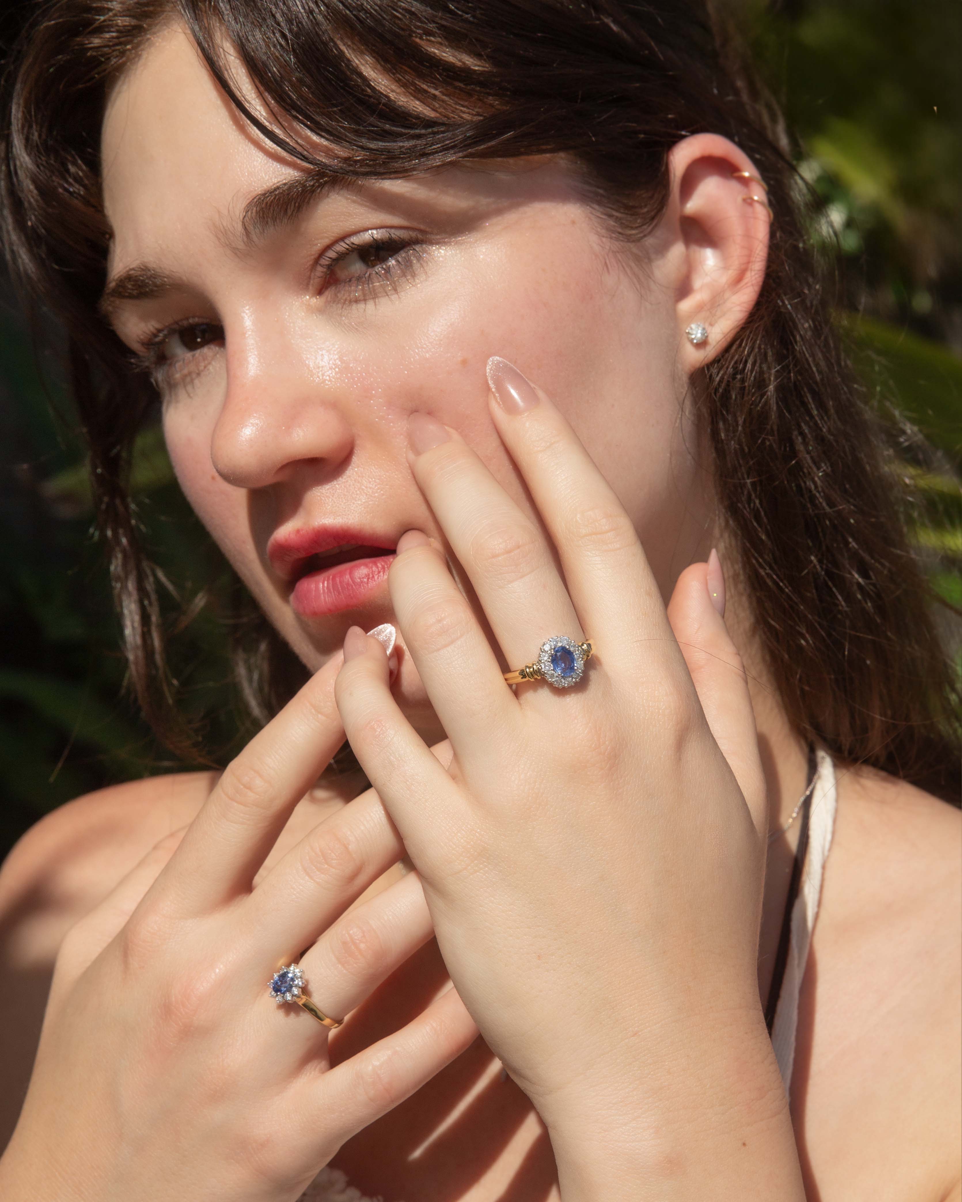 Philomena 1980s Sapphire Diamond Halo Ring 18ct Gold Rings Imperial Jewellery 