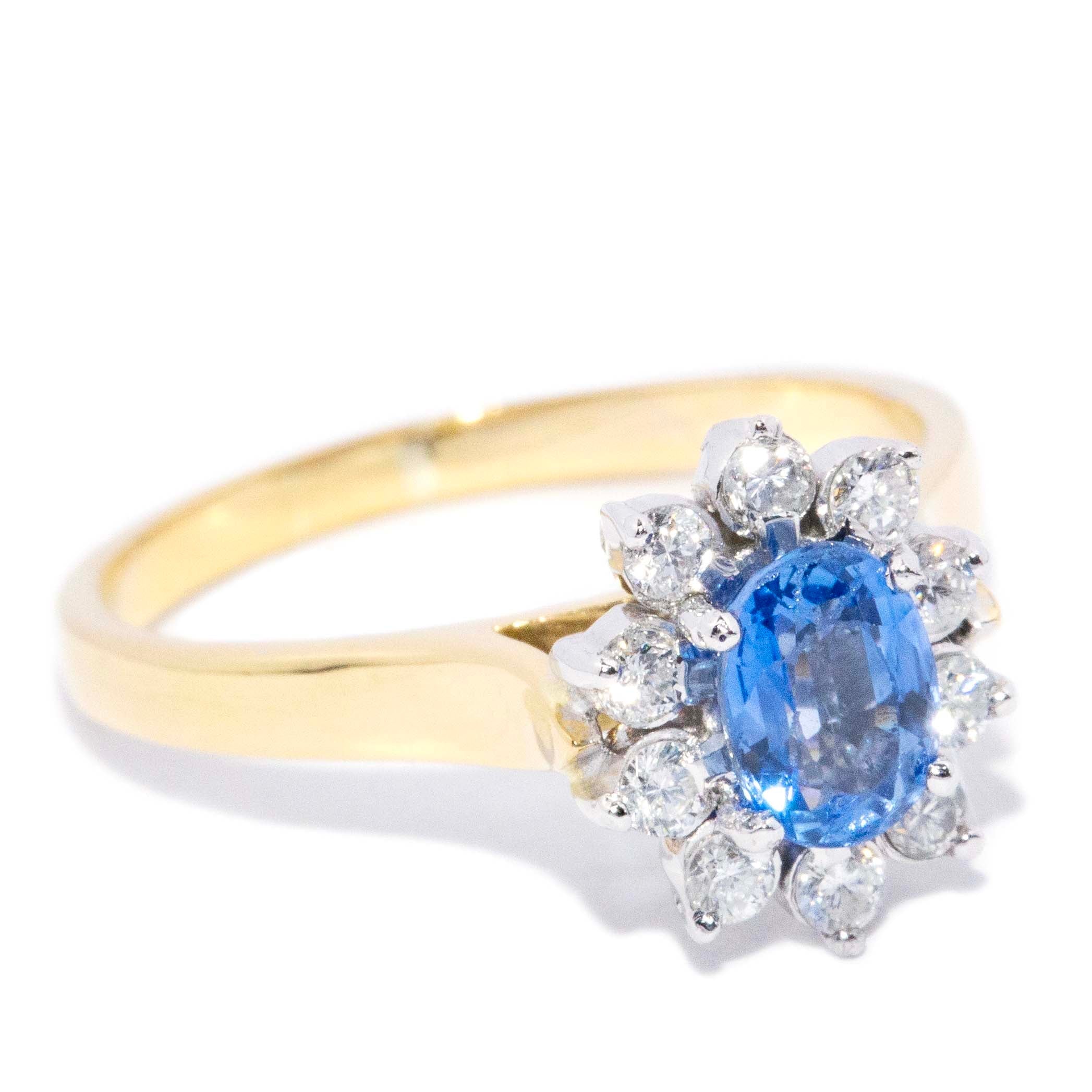 Philomena 1980s Sapphire Diamond Halo Ring 18ct Gold Rings Imperial Jewellery 
