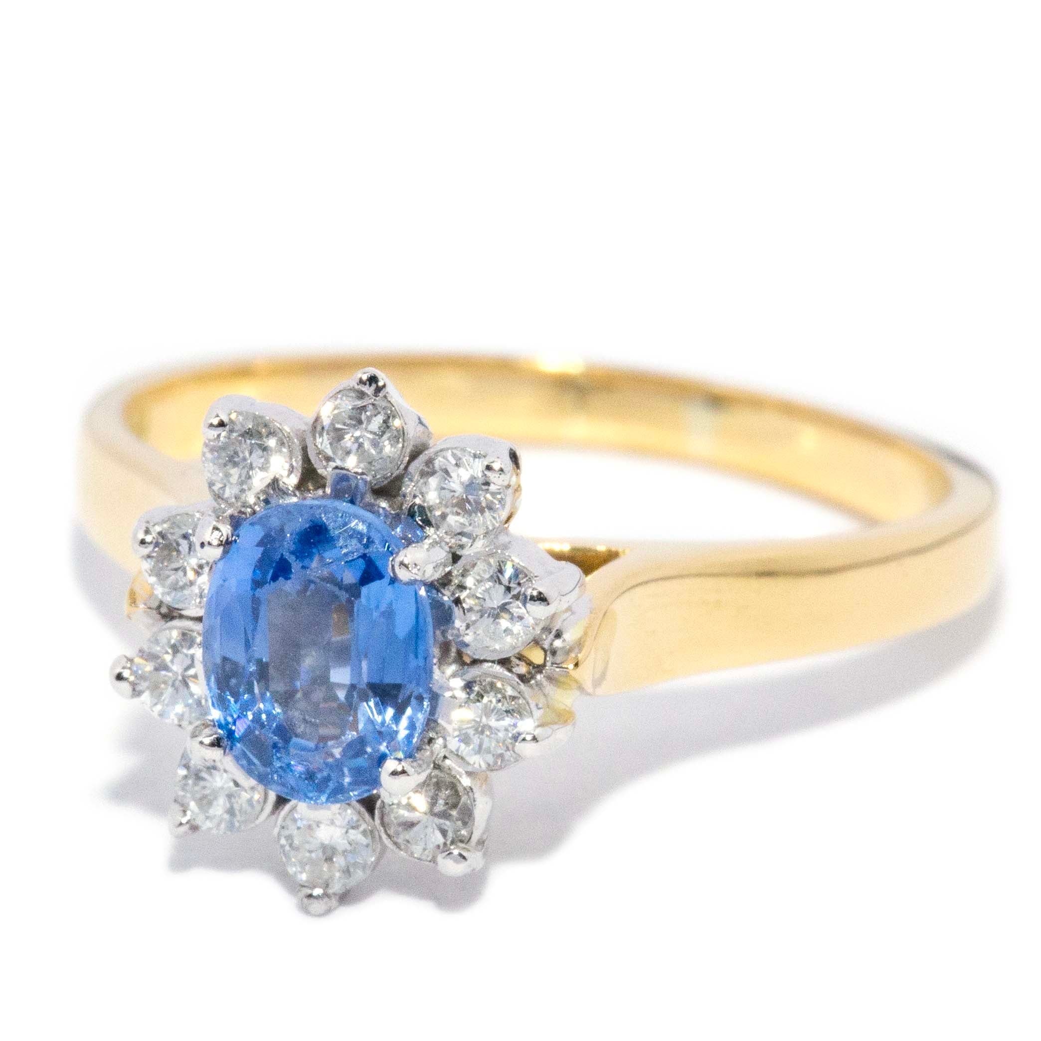 Philomena 1980s Sapphire Diamond Halo Ring 18ct Gold Rings Imperial Jewellery 