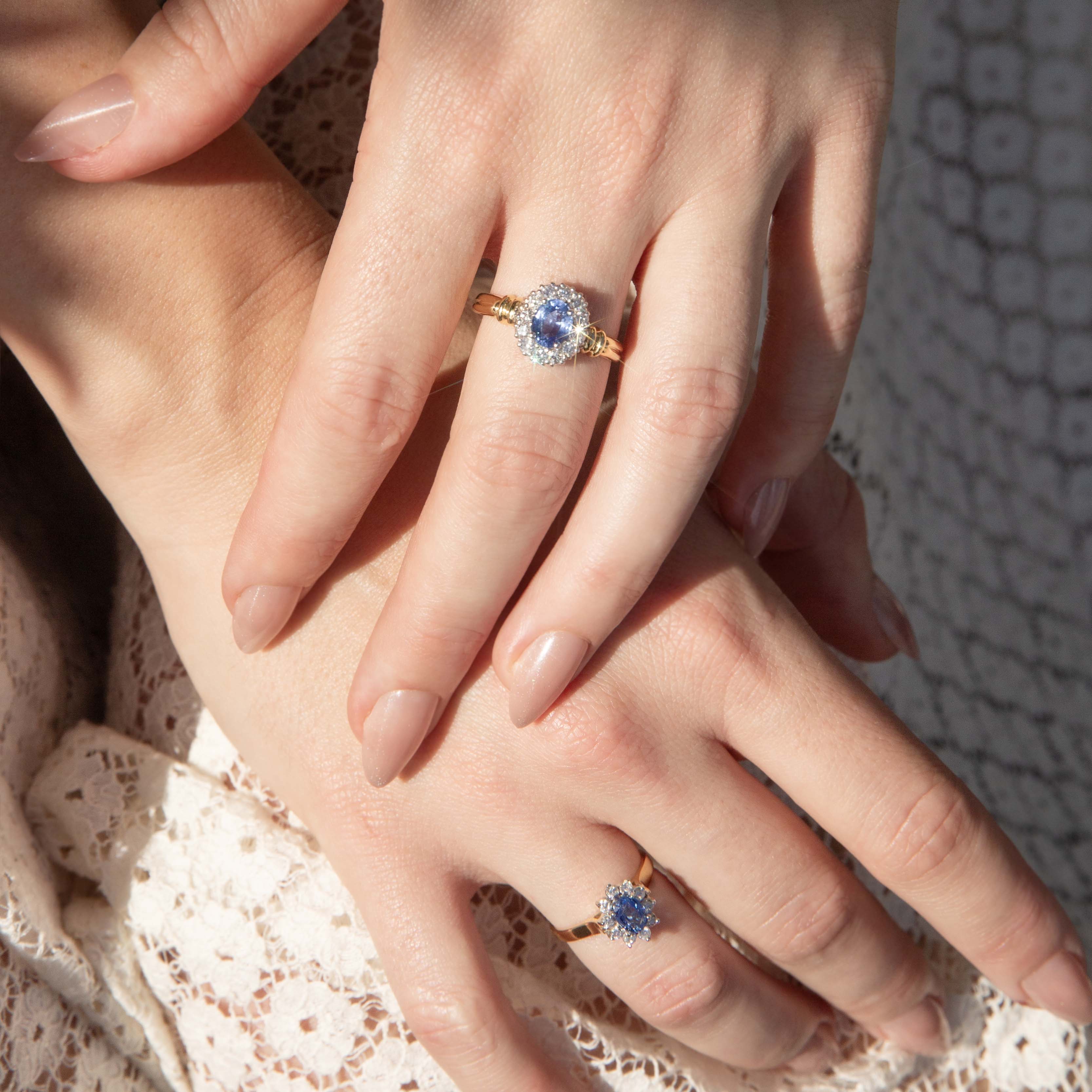 Philomena 1980s Sapphire Diamond Halo Ring 18ct Gold Rings Imperial Jewellery 
