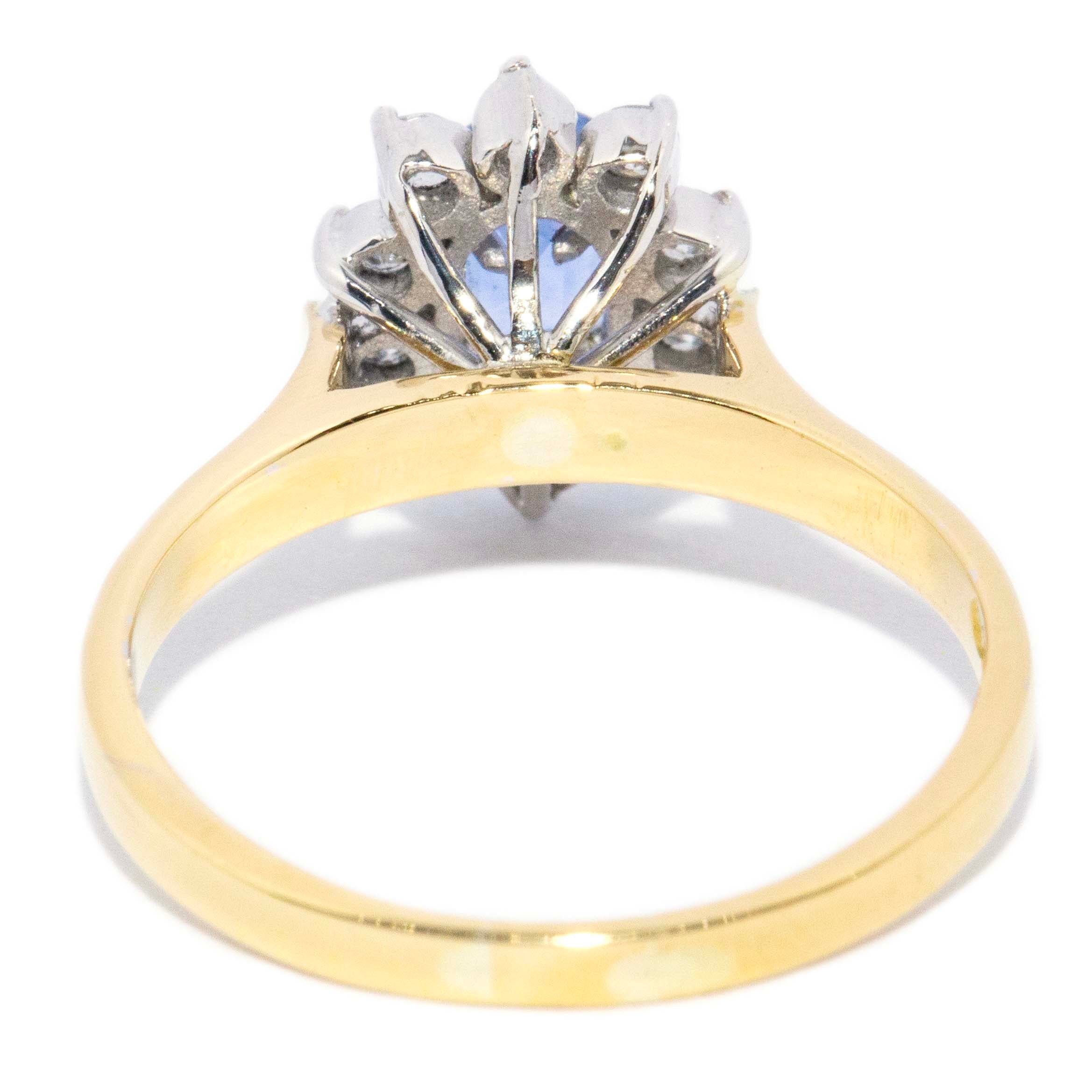 Philomena 1980s Sapphire Diamond Halo Ring 18ct Gold Rings Imperial Jewellery 