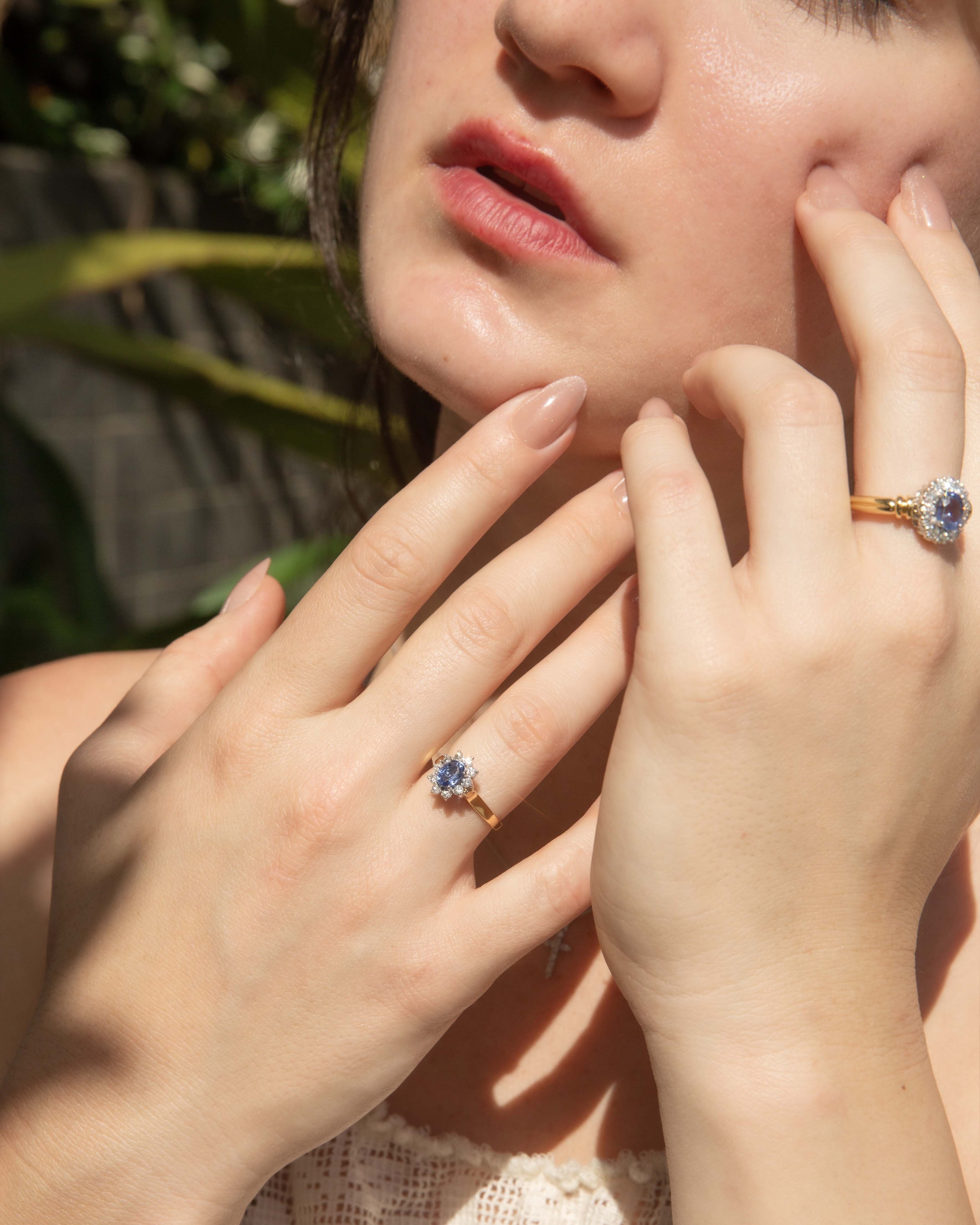 Philomena 1980s Sapphire Diamond Halo Ring 18ct Gold Rings Imperial Jewellery 