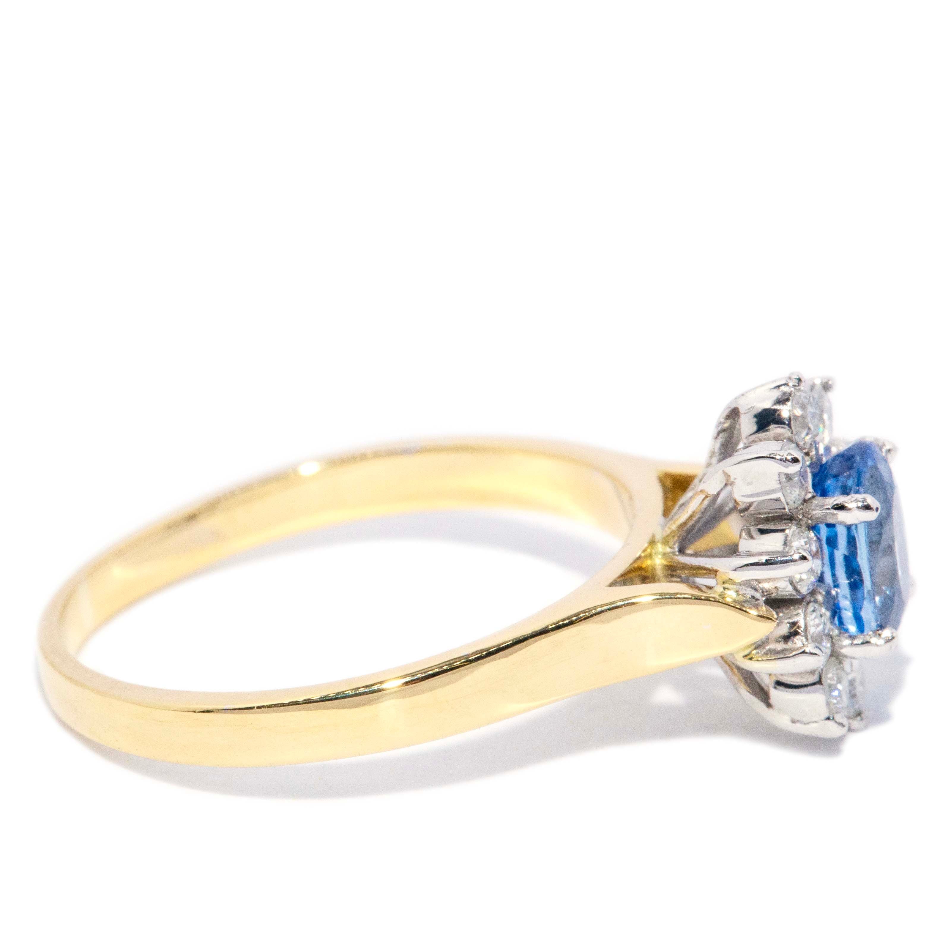 Philomena 1980s Sapphire Diamond Halo Ring 18ct Gold Rings Imperial Jewellery 