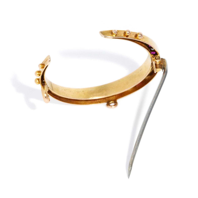 Vintage Circa 1930s Ruby & Diamond Crescent Brooch 18 Carat Yellow Gold