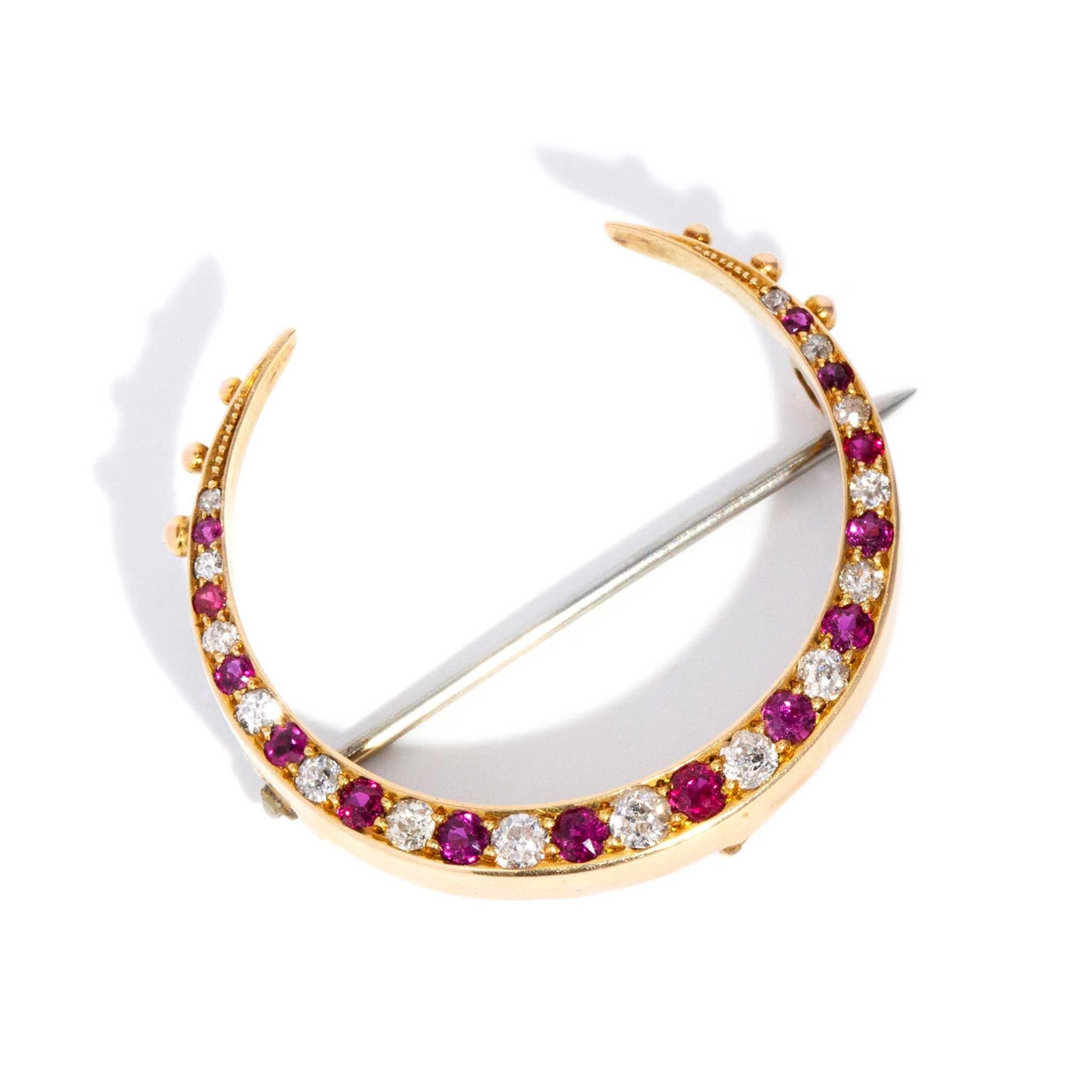 Vintage Circa 1930s Ruby & Diamond Crescent Brooch 18 Carat Yellow Gold