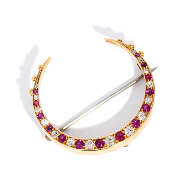 Vintage Circa 1930s Ruby & Diamond Crescent Brooch 18 Carat Yellow Gold