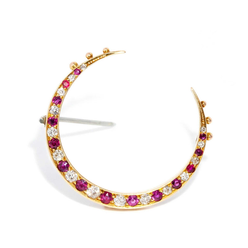 Vintage Circa 1930s Ruby & Diamond Crescent Brooch 18 Carat Yellow Gold