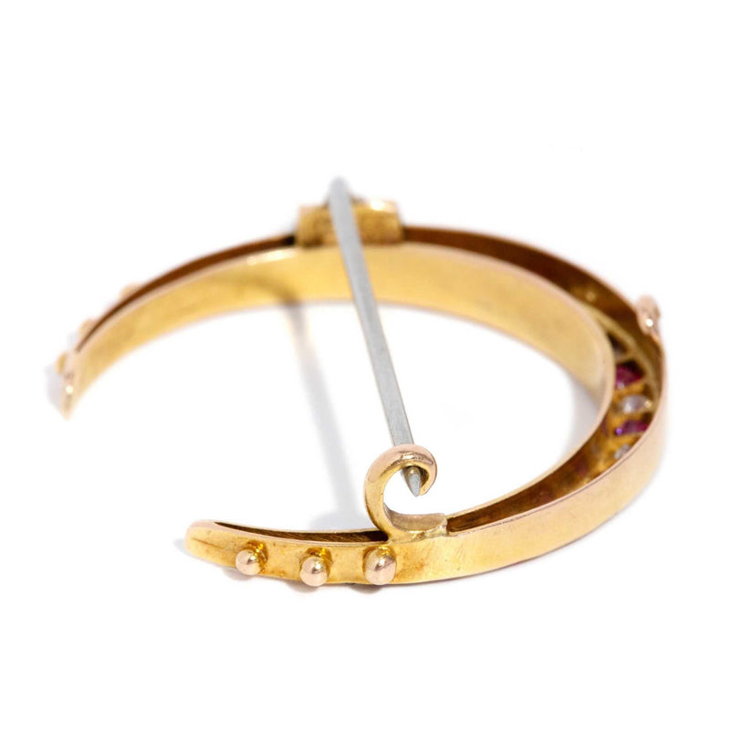 Vintage Circa 1930s Ruby & Diamond Crescent Brooch 18 Carat Yellow Gold