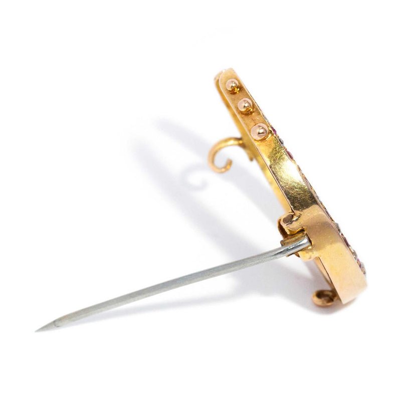 Vintage Circa 1930s Ruby & Diamond Crescent Brooch 18 Carat Yellow Gold