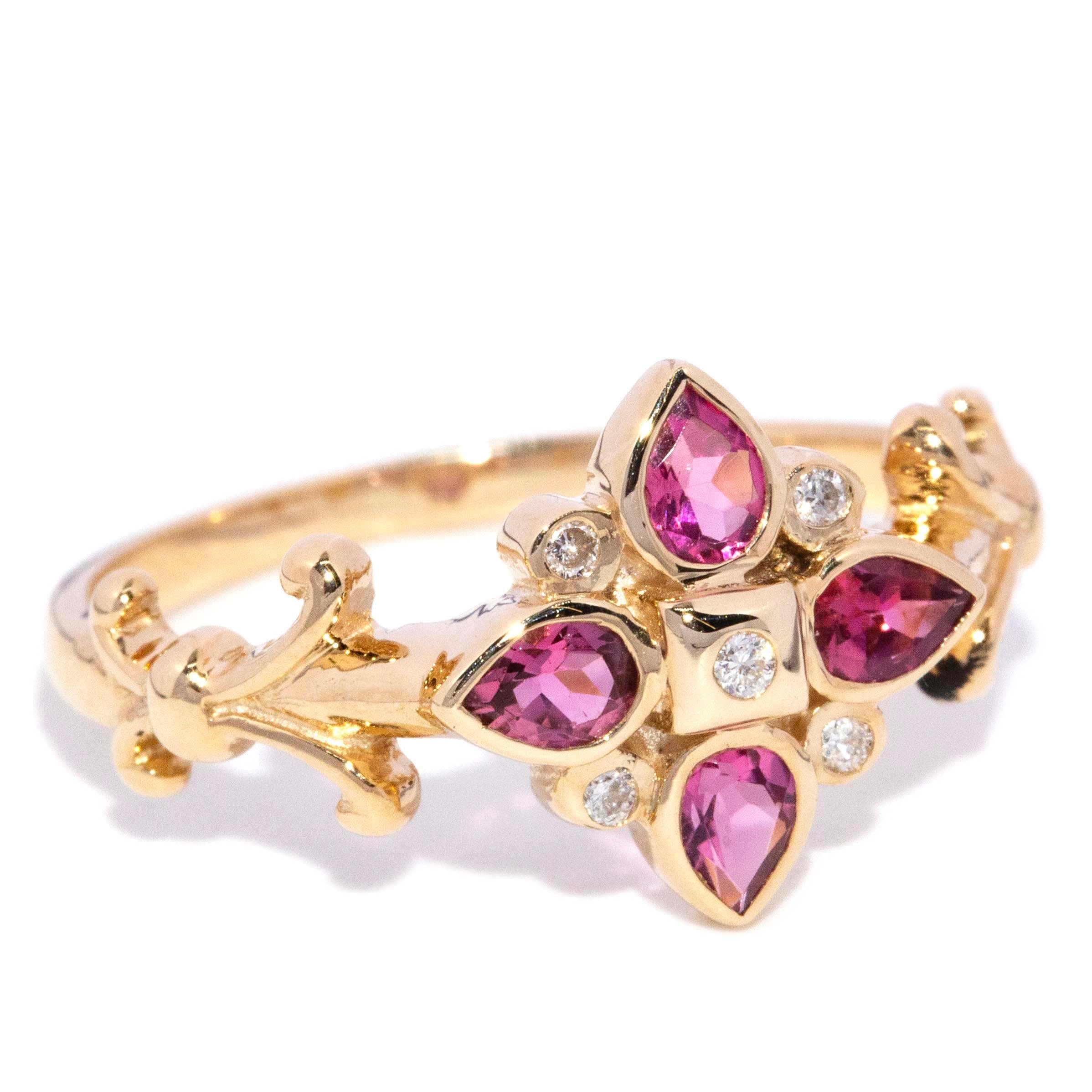 Phoebe Tourmaline & Diamond Flower Ring 9ct Gold Rings Imperial Jewellery 