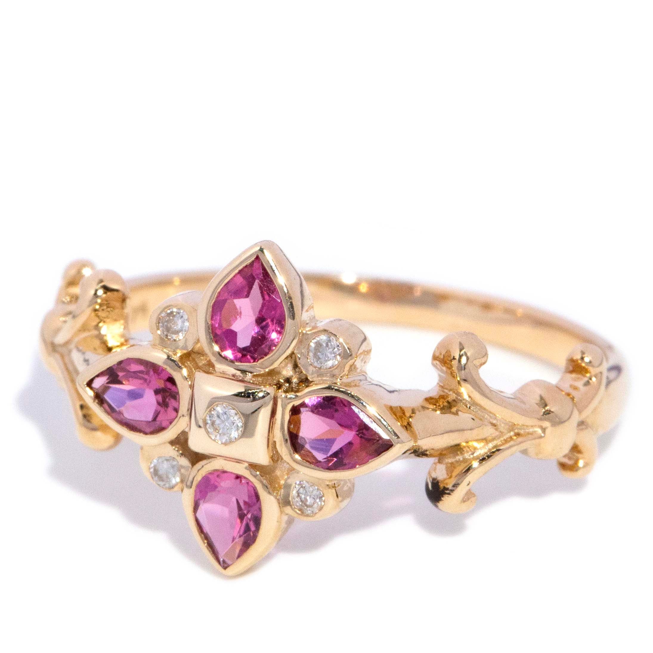 Phoebe Tourmaline & Diamond Flower Ring 9ct Gold Rings Imperial Jewellery 