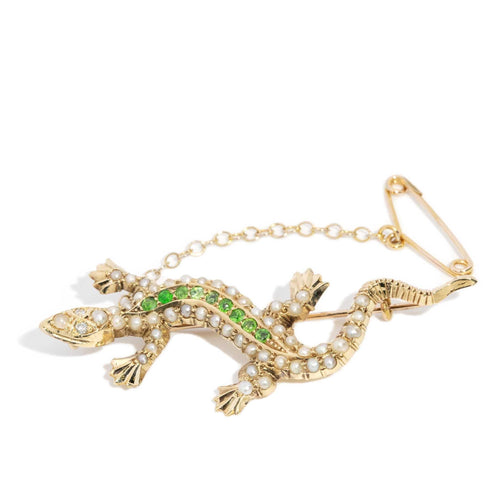Pomina Edwardian Garnet & Pearl Lizard Brooch 15K Yellow Gold