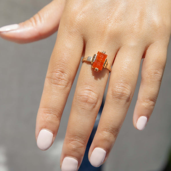 Poppy Edwardian Rectangular Orange Carnelian Intaglio Ring 9ct Yellow Gold Rings Imperial Jewellery 