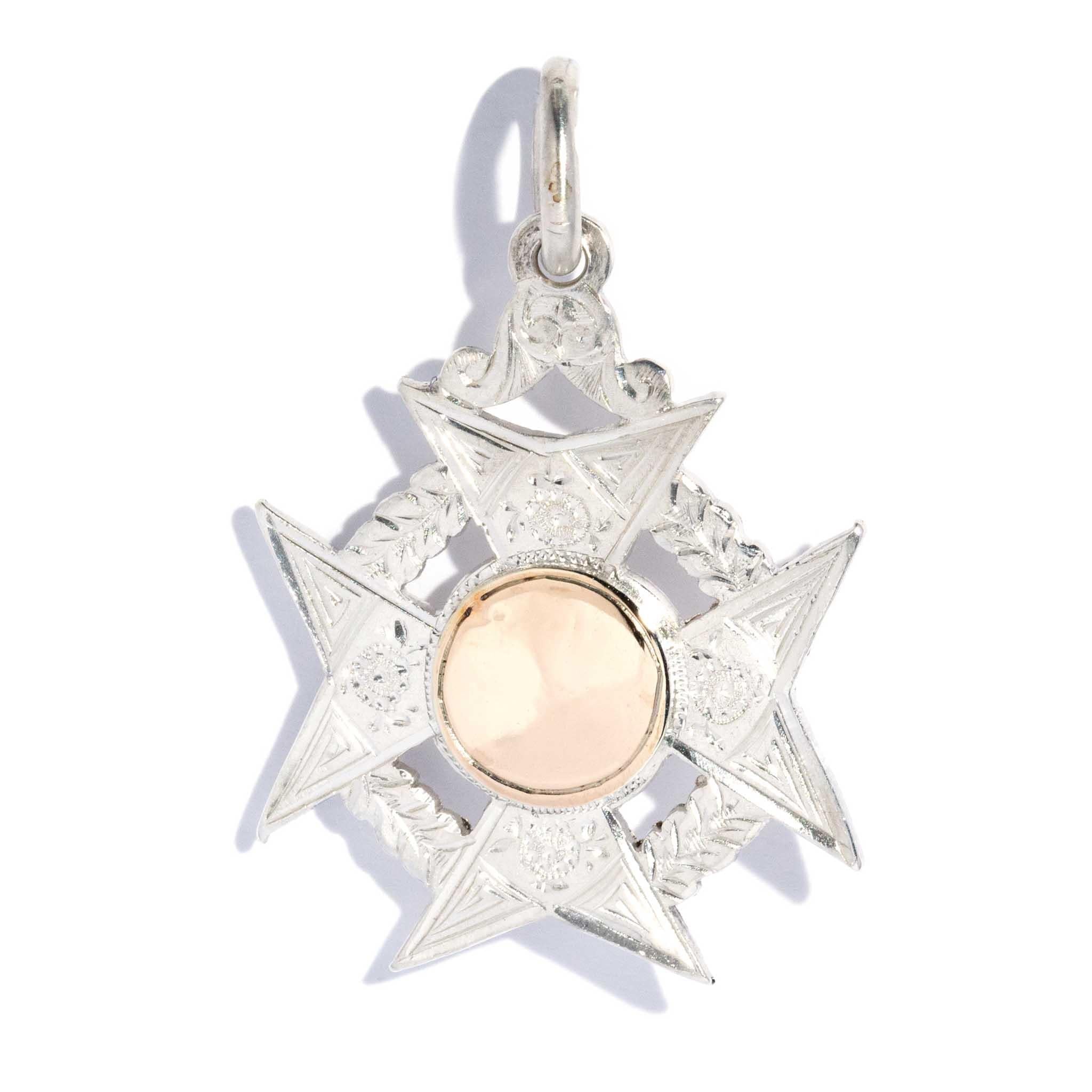 Antique 1897 Cross Wreath Pendant Sterling Silver Rose Gold Lined