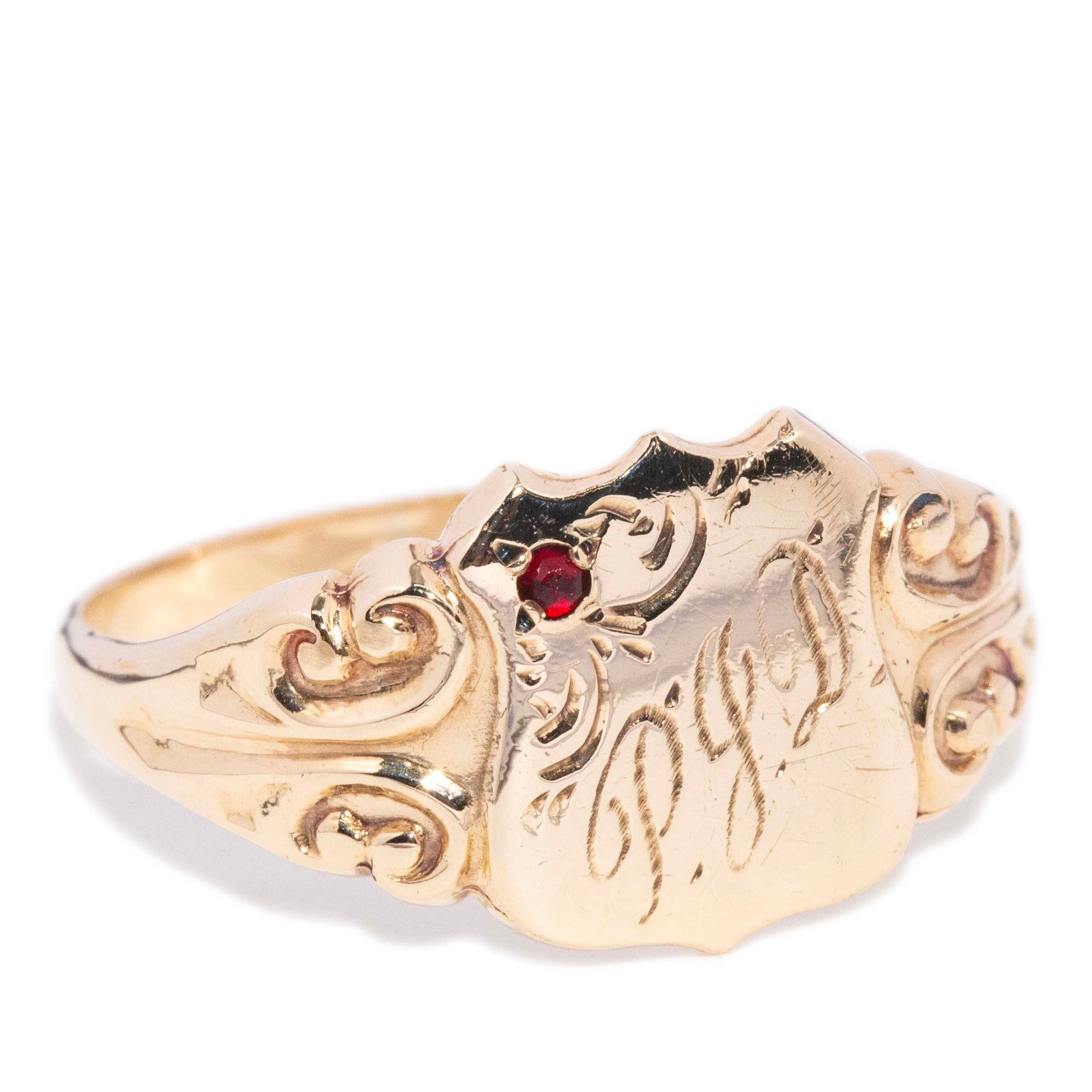 Prima 1980s Engraved Monogram Shield Signet Ring 9ct Gold Rings Imperial Jewellery 