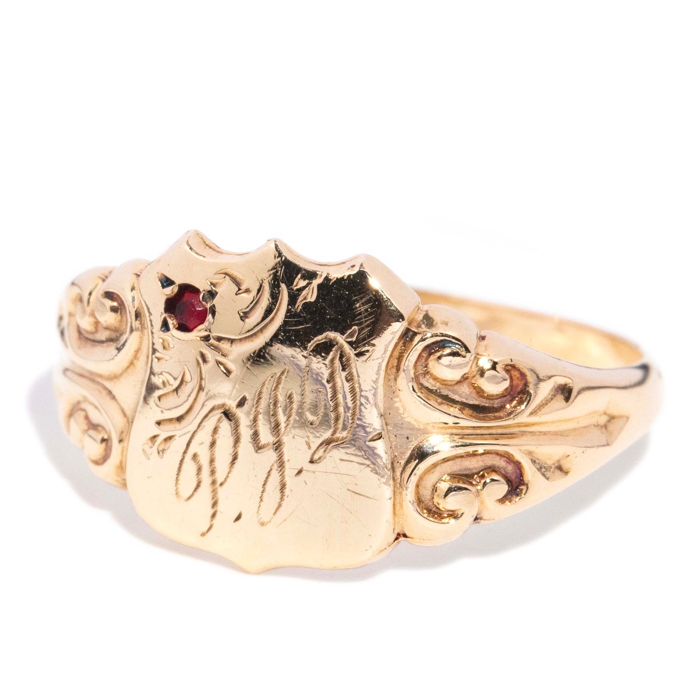 Prima 1980s Engraved Monogram Shield Signet Ring 9ct Gold Rings Imperial Jewellery 