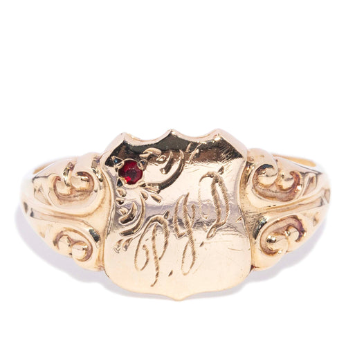 Prima Engraved Monogram Shield Signet Ring 9K Yellow Gold