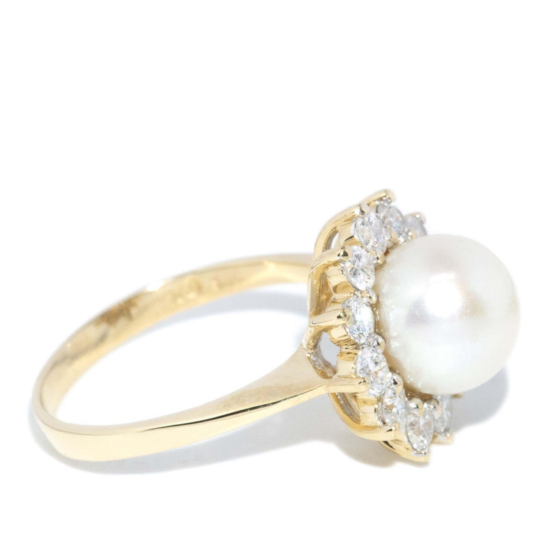 Vintage Circa 1990s Pearl & Diamond Cluster Ring 14 Carat Gold