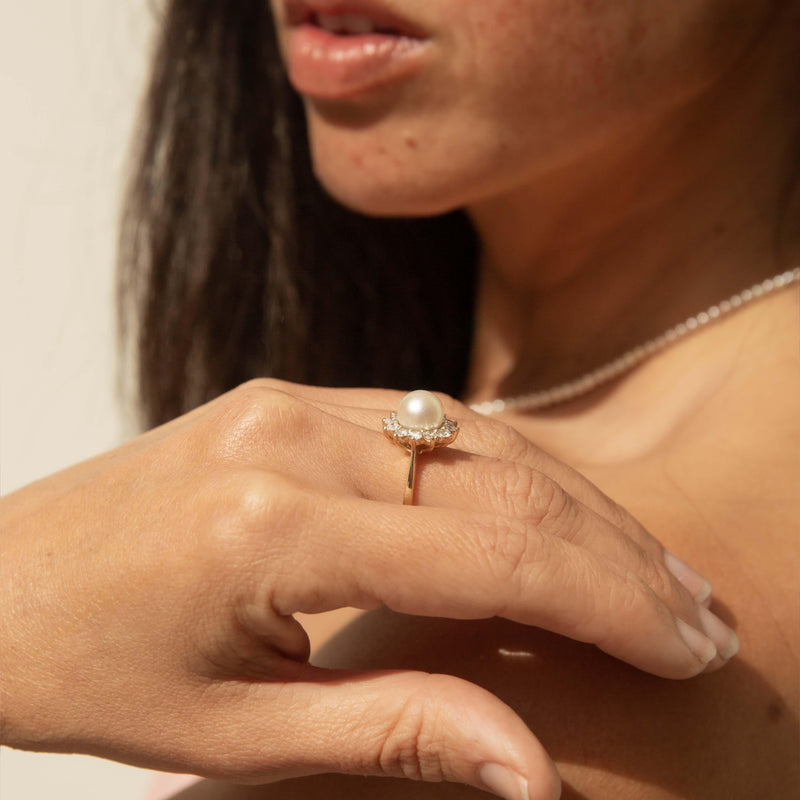 Vintage Circa 1990s Pearl & Diamond Cluster Ring 14 Carat Gold