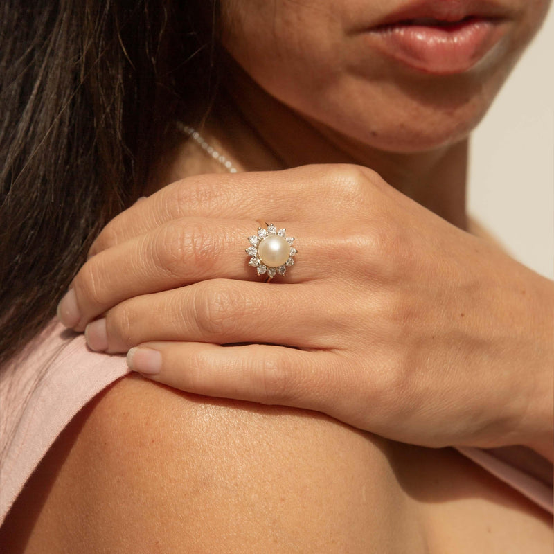 Vintage Circa 1990s Pearl & Diamond Cluster Ring 14 Carat Gold