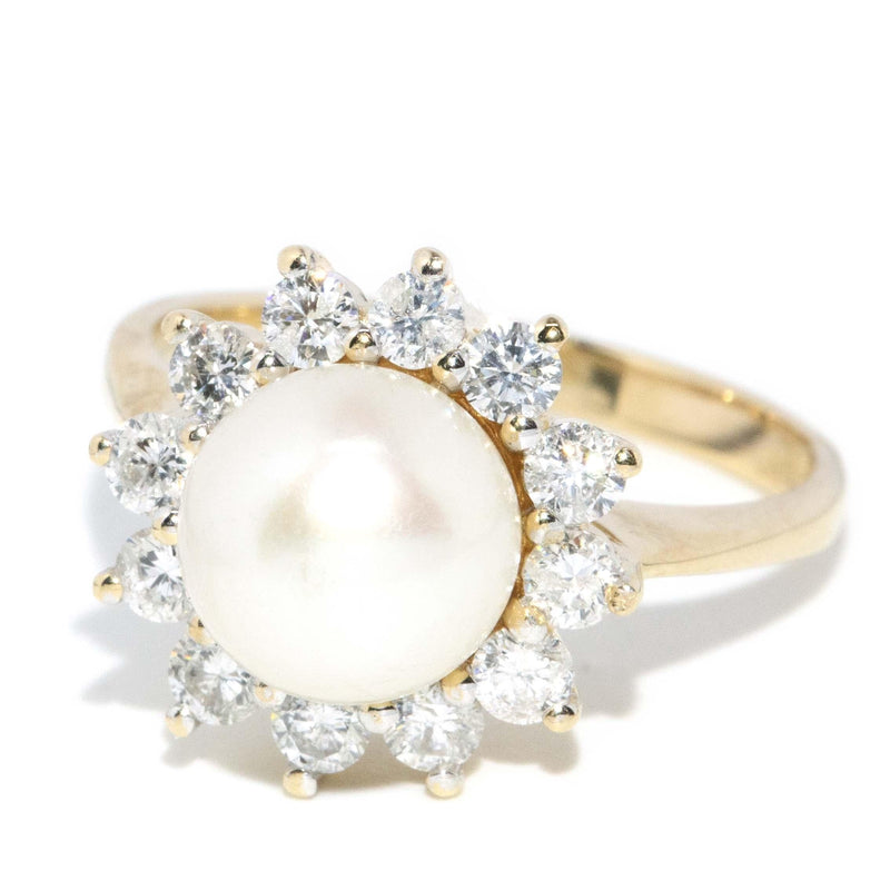 Vintage Circa 1990s Pearl & Diamond Cluster Ring 14 Carat Gold