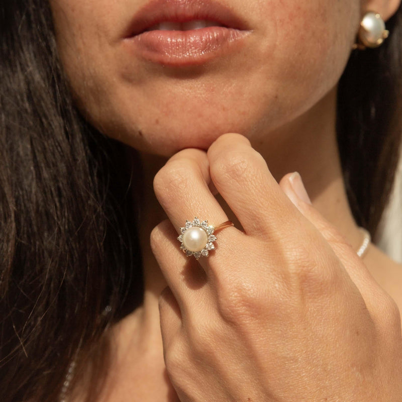 Vintage Circa 1990s Pearl & Diamond Cluster Ring 14 Carat Gold