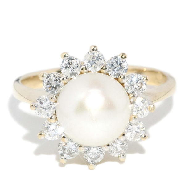 Vintage Circa 1990s Pearl & Diamond Cluster Ring 14 Carat Gold