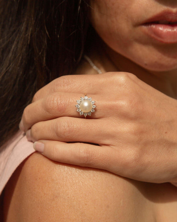 Vintage Circa 1990s Pearl & Diamond Cluster Ring 14 Carat Gold