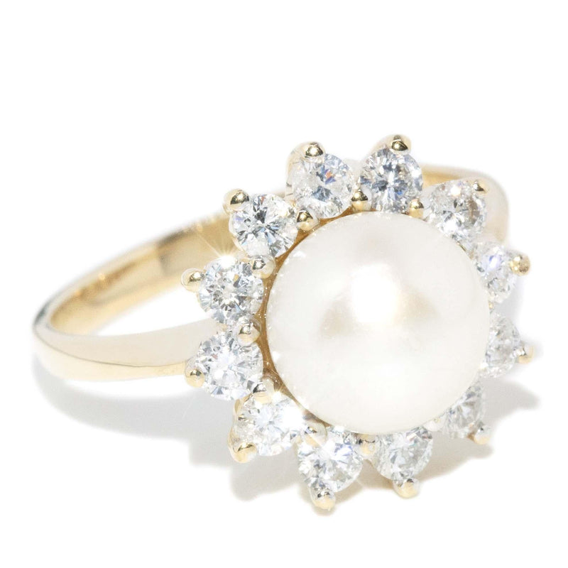 Vintage Circa 1990s Pearl & Diamond Cluster Ring 14 Carat Gold