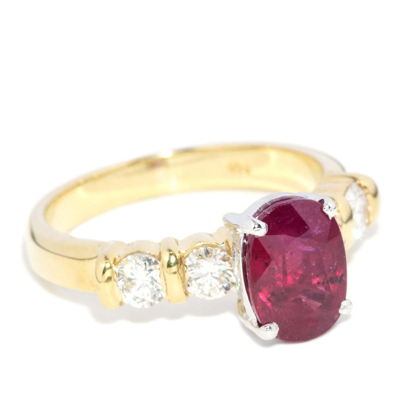 Vintage Circa 1990s Deep Red Ruby & Diamond Ring 18 Carat Gold