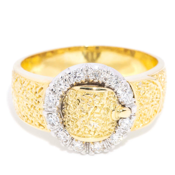 Ramona Vintage Circa 1970s Diamond Textured Buckle Halo Ring 18ct Two Tone Gold Rings Imperial Jewellery 