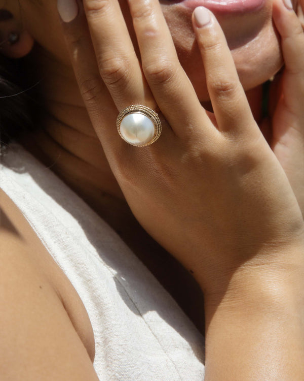 Rebecca 1970s Mabe Pearl Halo Ring 14ct Rose Gold Rings Imperial Jewellery 