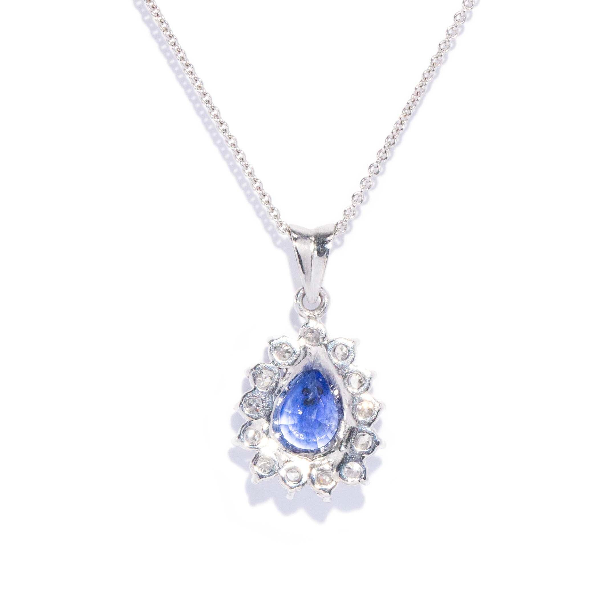 Rennie 1980s Pear Cut Sapphire Pendant 14ct White Gold Pendants/Necklaces Imperial Jewellery 