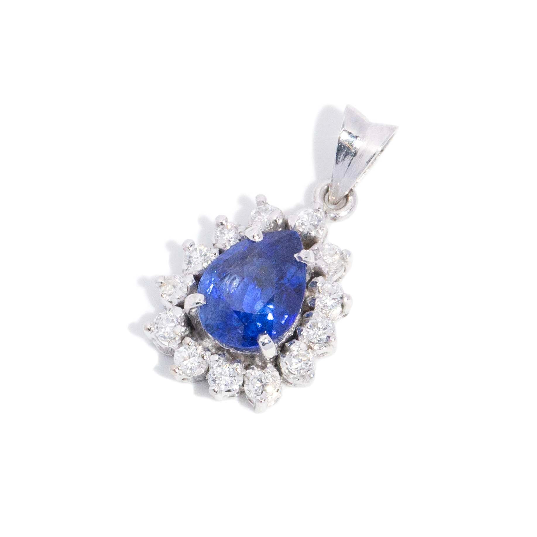 Rennie 1980s Pear Cut Sapphire Pendant 14ct White Gold Pendants/Necklaces Imperial Jewellery 