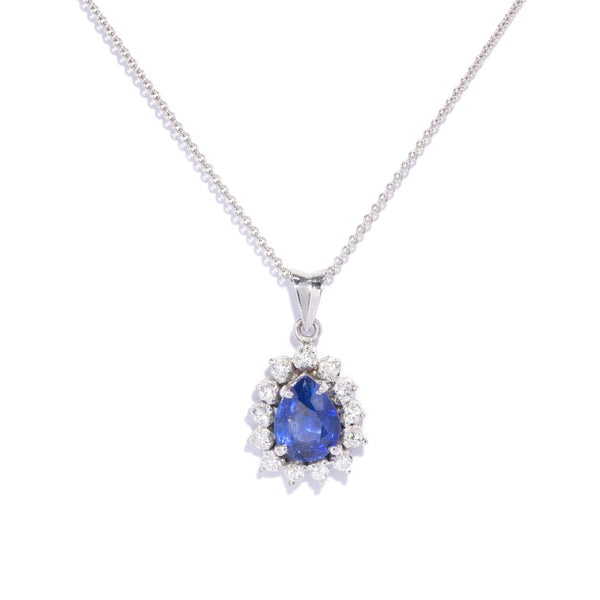 Rennie 1980s Pear Cut Sapphire Pendant 14ct White Gold Pendants/Necklaces Imperial Jewellery 