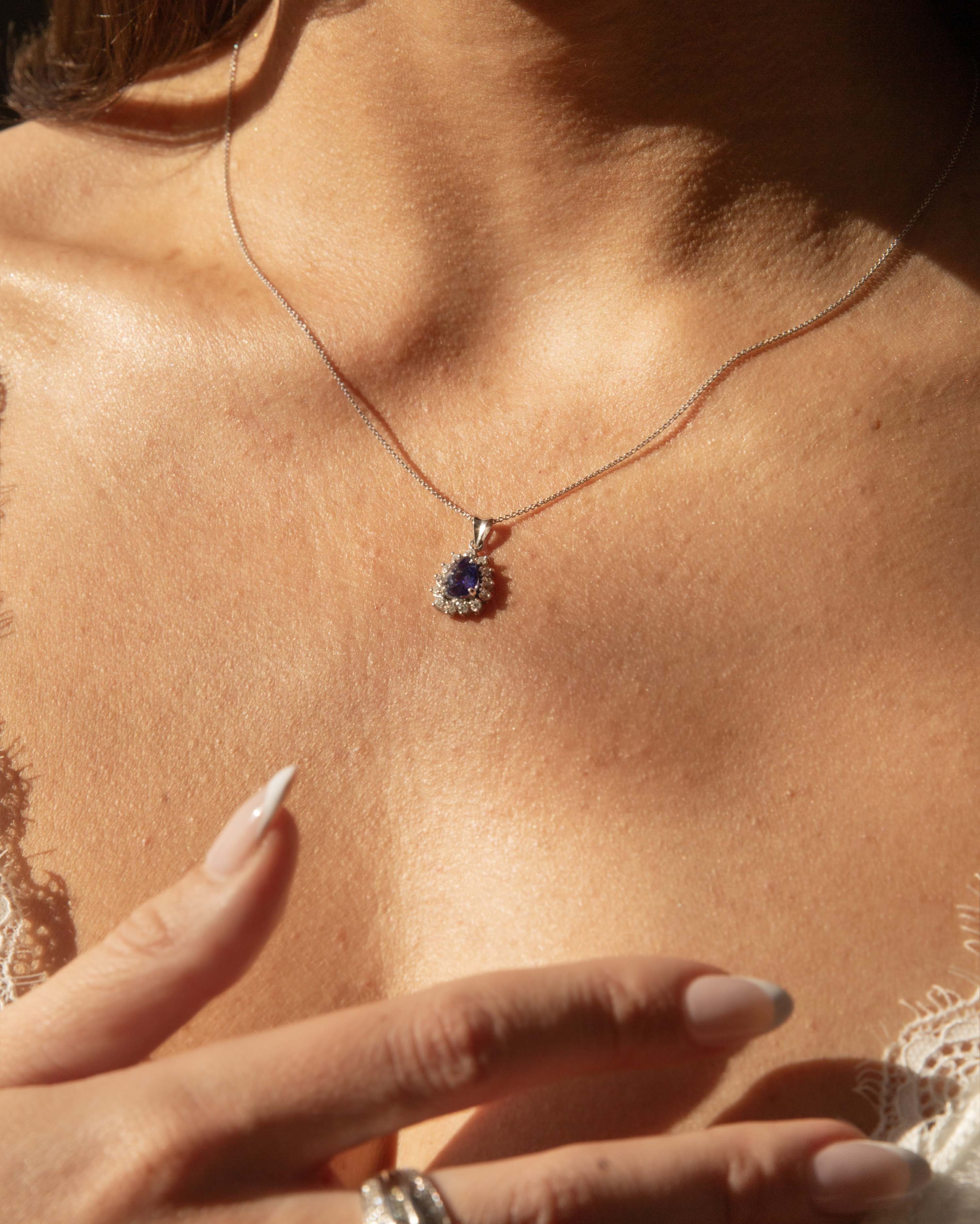 Rennie 1980s Pear Cut Sapphire Pendant 14ct White Gold Pendants/Necklaces Imperial Jewellery 