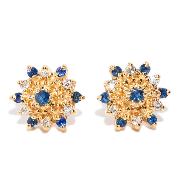Rhea Vintage Circa 1990s Sapphire & Diamond Starburst Studs 14ct Yellow Gold Earrings Imperial Jewellery 
