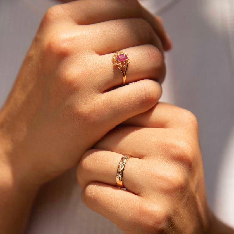 Riya 1990s Flower Oval Ruby Ring 14ct Gold Rings Imperial Jewellery 