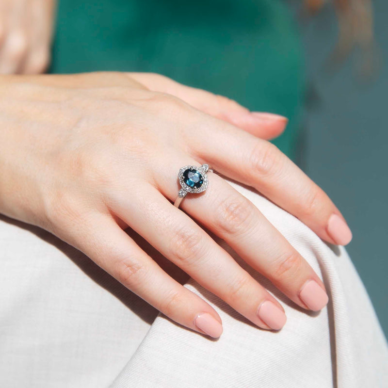 Robe Platinum Teal Sapphire & Diamond Halo Ring* DRAFT Rings Imperial Jewellery 